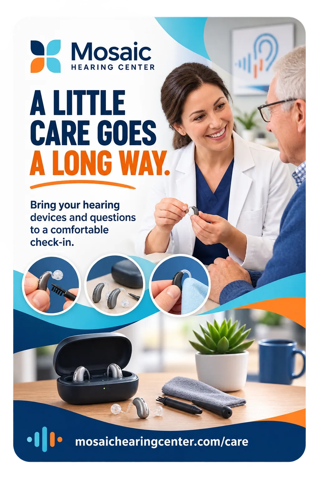 Hearing-aid care postcard, 6 by 9: a little care goes a long way; bring your hearing devices and questions to a comfortable check-in; the care page’s address.