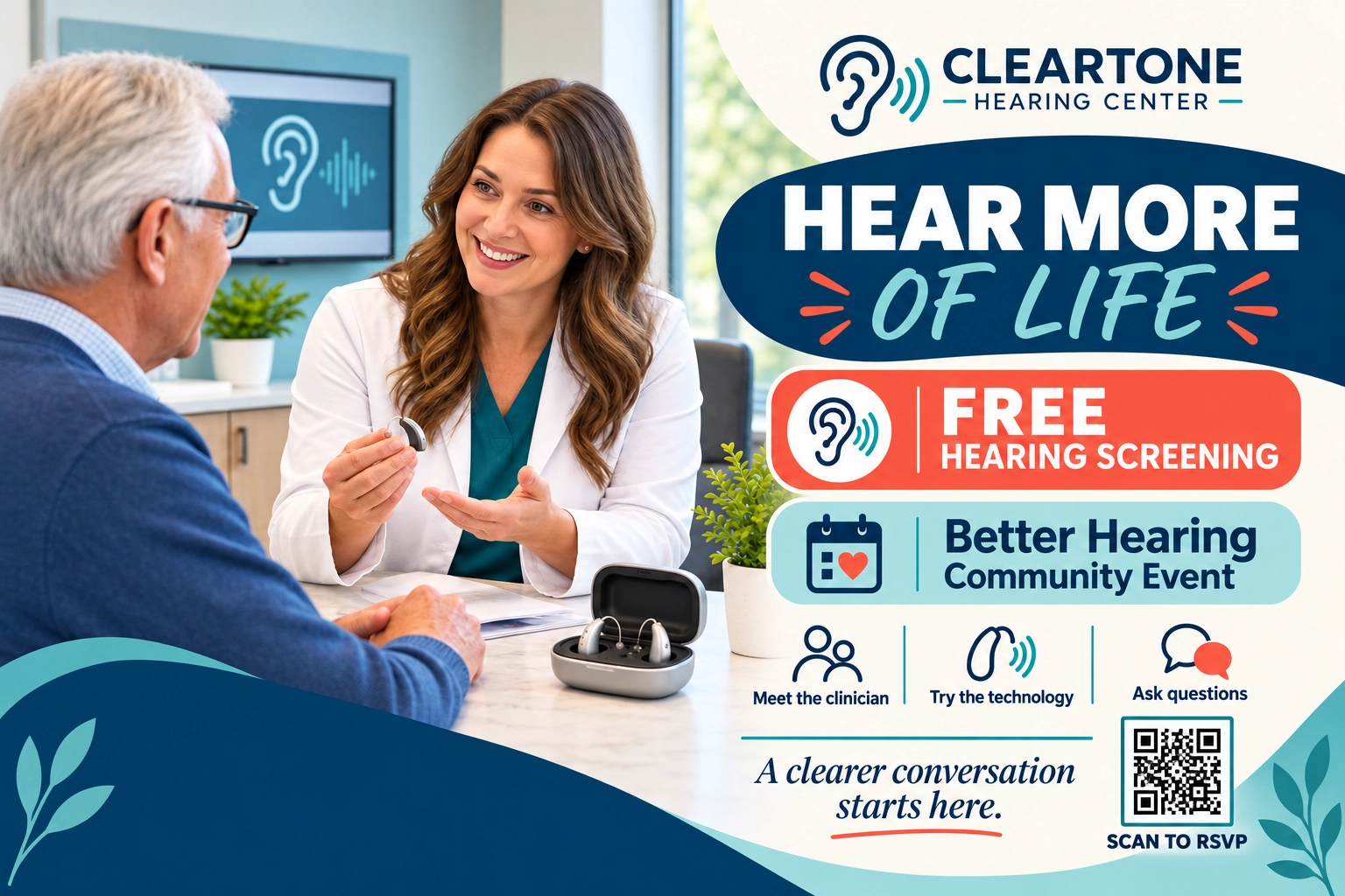 Free-screening postcard: hear more of life; free hearing screening, Better Hearing community event; meet the clinician, try the technology, ask questions; reserve your seat; a clearer conversation starts here.