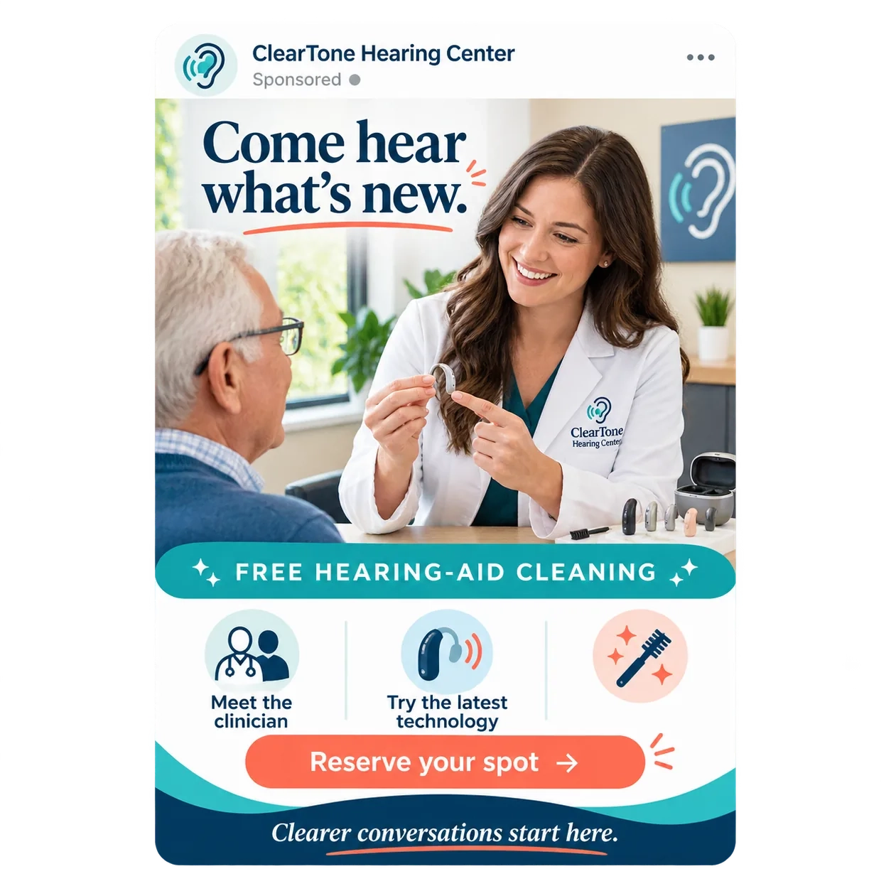 Office-event feed unit: come hear what’s new; free hearing-aid cleaning; meet the clinician, try the latest technology; reserve your spot; clearer conversations start here.