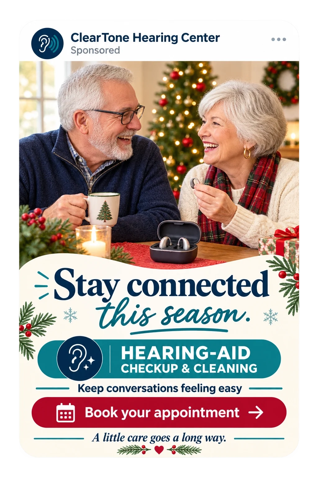 Seasonal checkup feed unit: stay connected this season; hearing-aid checkup and cleaning, keep conversations feeling easy; book your appointment; a little care goes a long way.
