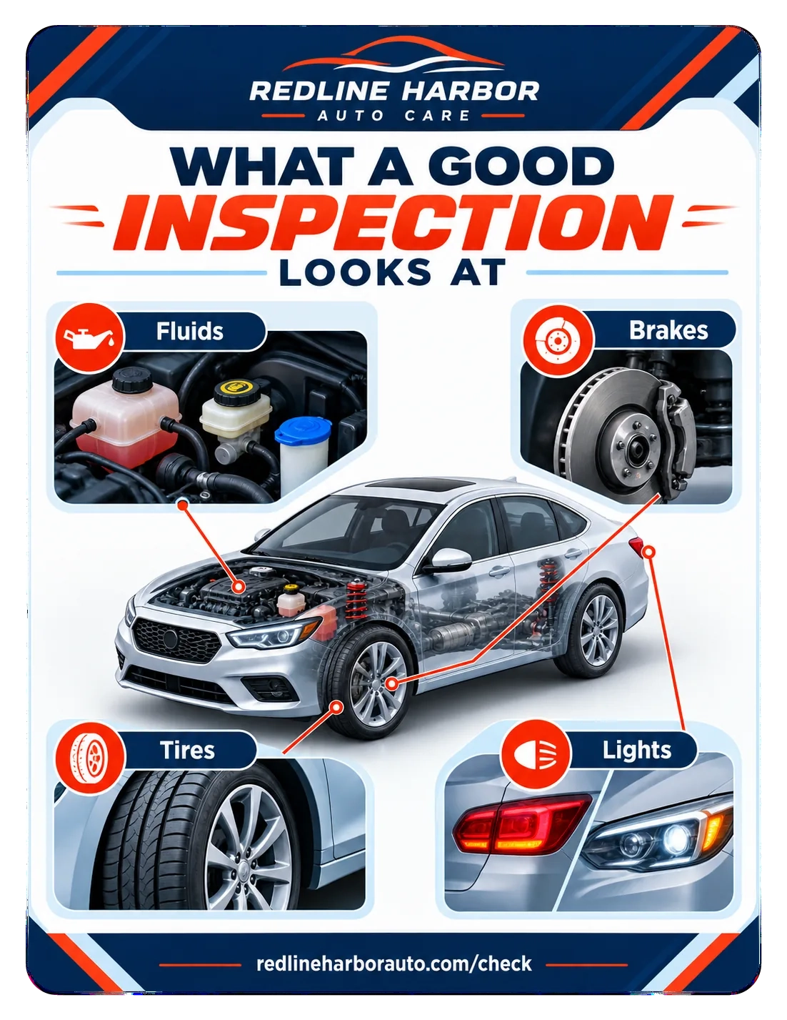Vehicle-inspection explainer: what a good inspection looks at, fluids, brakes, tires, lights.