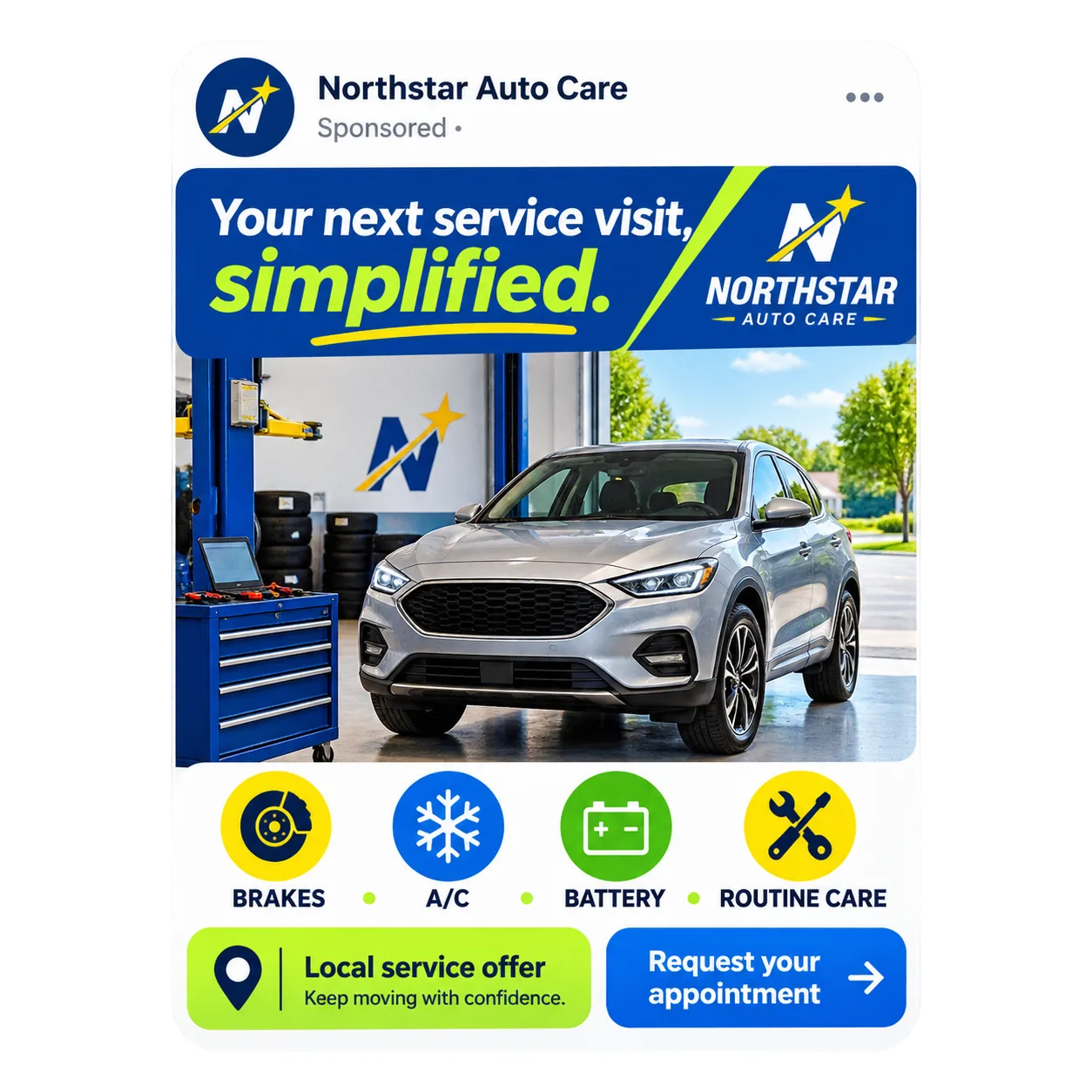 Local-service feed unit: brakes, A/C, battery, routine care, request your appointment.