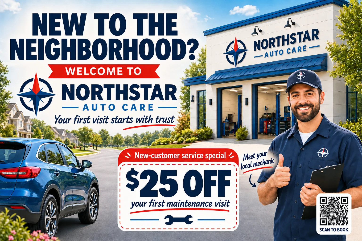 New-mover postcard: new to the neighborhood, welcome to the shop, a new-customer service special, meet your local mechanic, scan to book.