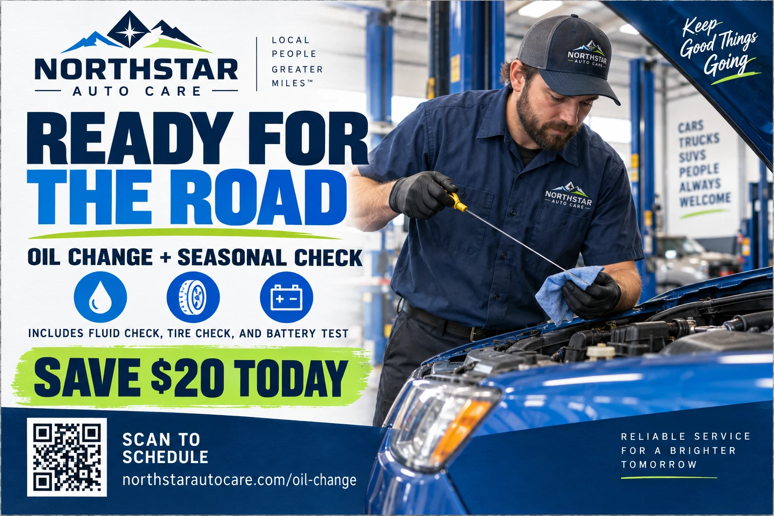 Oil-change and seasonal-check postcard: ready for the road, fluid, tire and battery check, book your service.