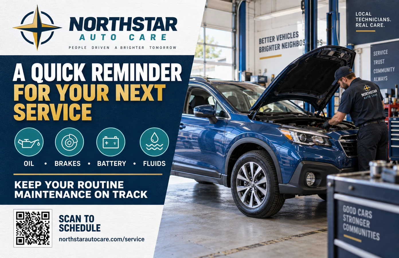 Service-reminder postcard: a quick reminder for your next service, oil, brakes, battery, fluids, schedule your service visit.