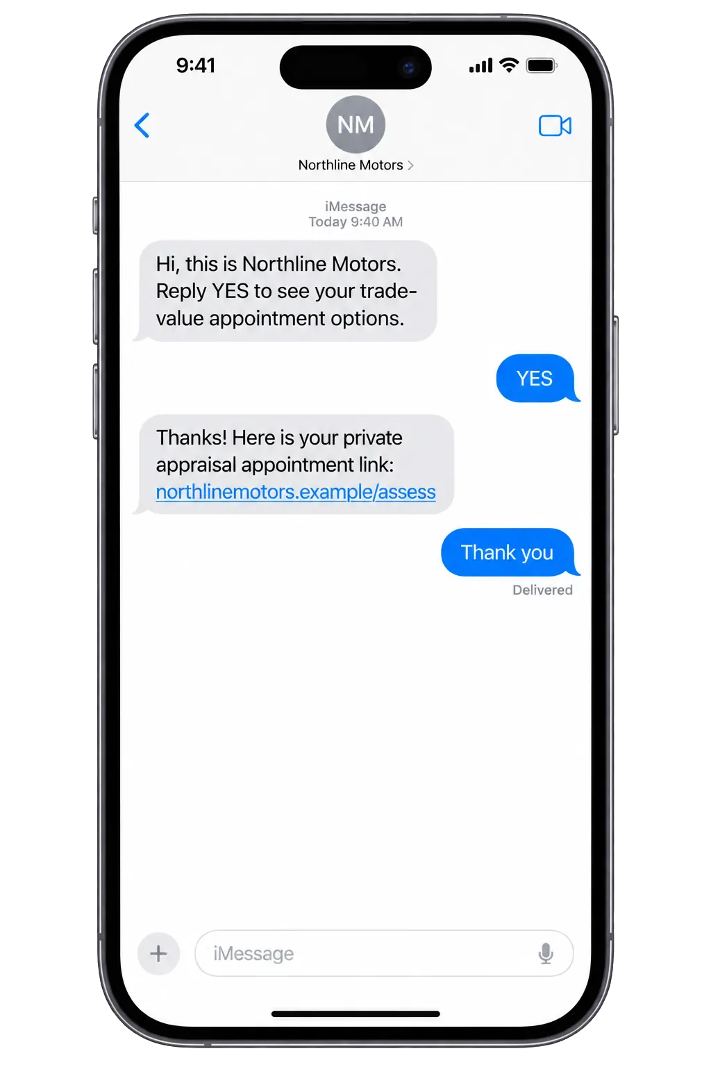 Appointment follow-up text: reply YES to see your trade-value appointment options, the YES, then the private appraisal appointment link.
