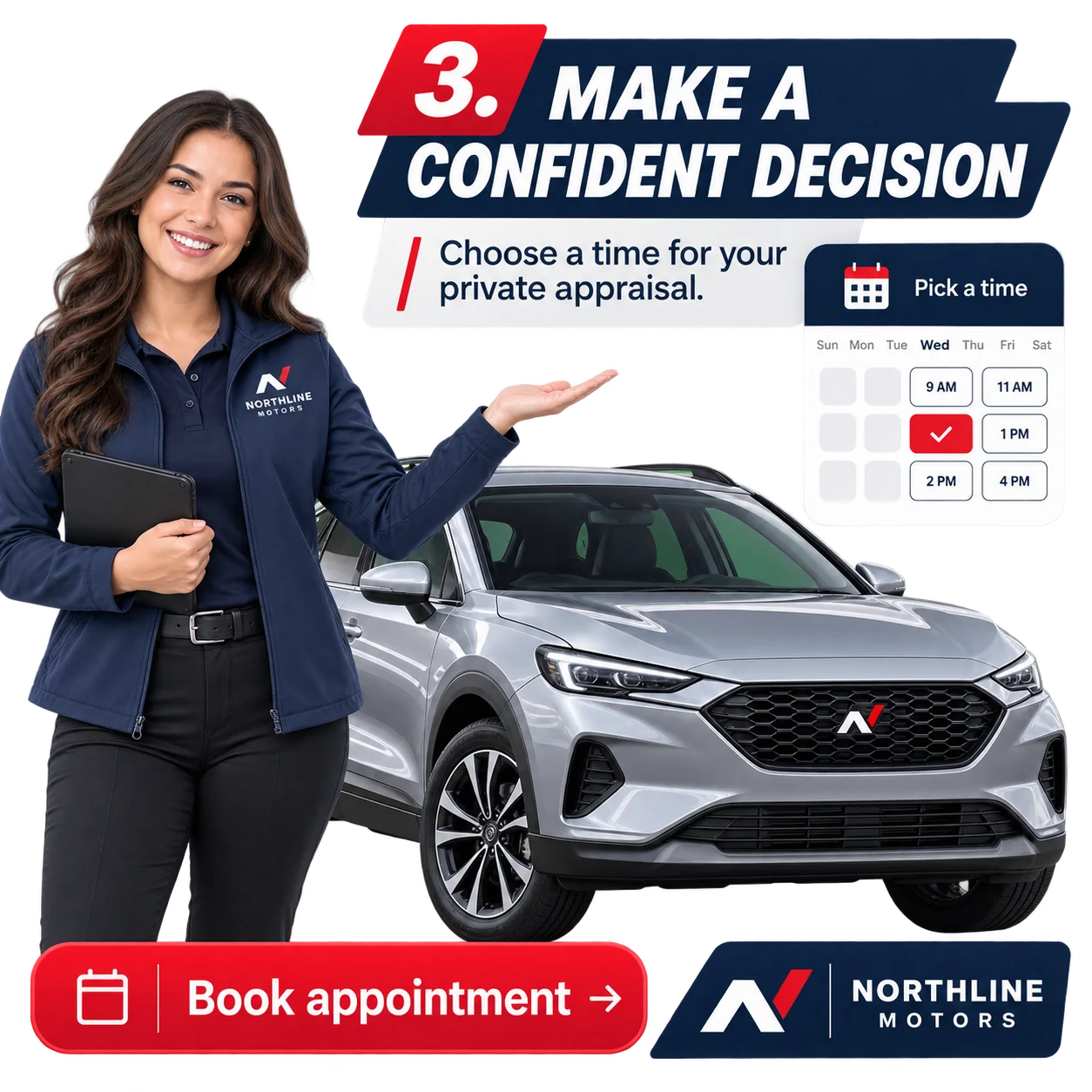 The appointment card of the inventory carousel: make a confident decision, choose a time for your private appraisal, book appointment.