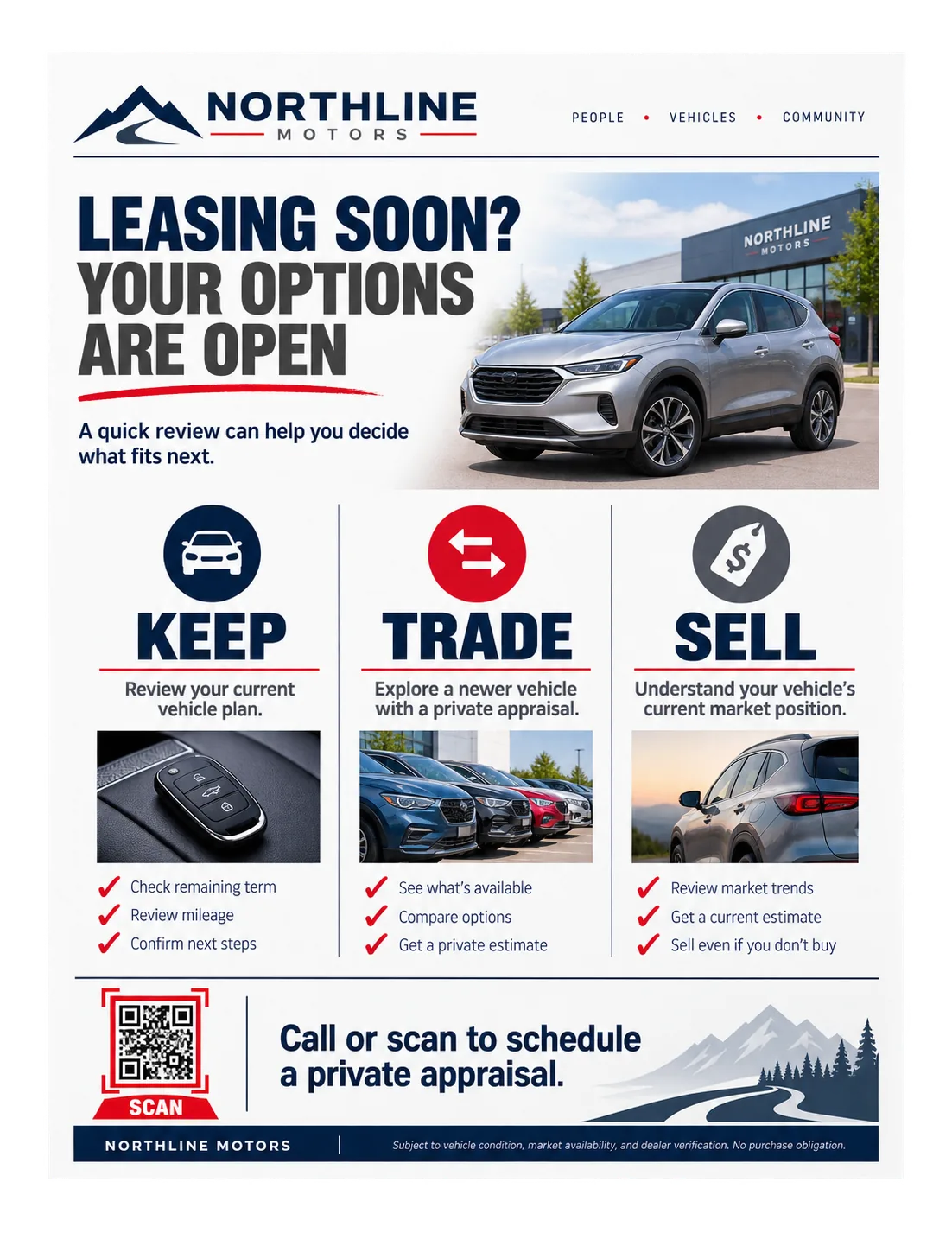 Lease pull-ahead comparison sheet: leasing soon, your options are open; keep, trade or sell; call or scan to schedule a private appraisal.
