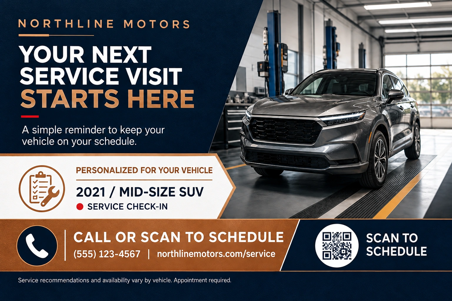 Service-reminder postcard, personalized for the vehicle: your next service visit starts here, the year and body style printed on the card, schedule your visit, scan to schedule.