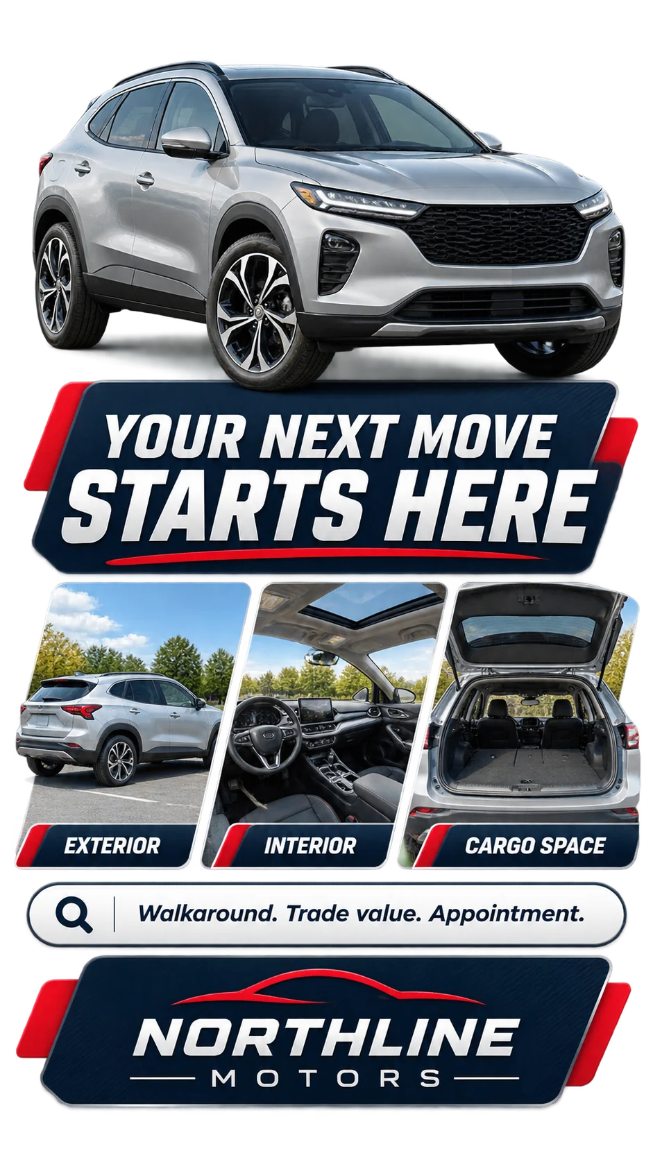 Vehicle-walkaround Reel: your next move starts here, exterior, interior, cargo space; walkaround, trade value, appointment.