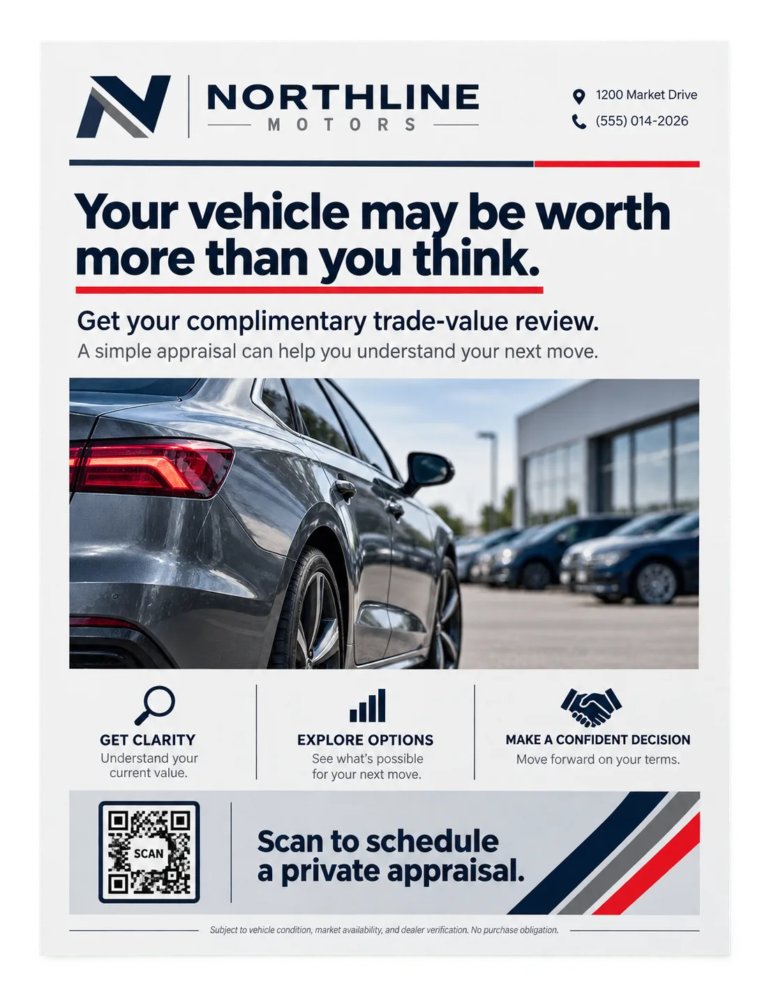VIN/equity variable-data letter: your vehicle may be worth more than you think, a complimentary trade-value review, scan to schedule a private appraisal.