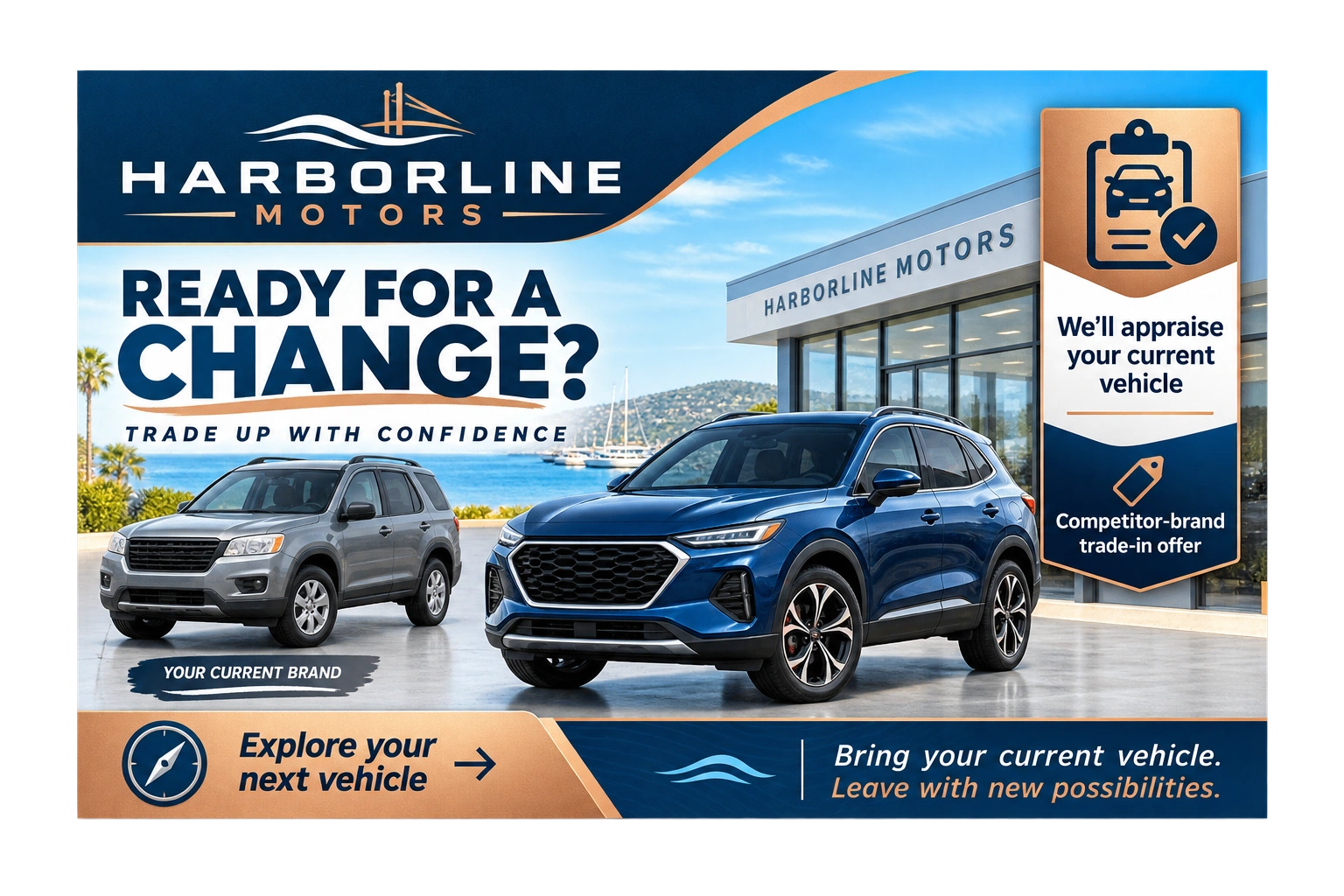 Conquest trade-in postcard: ready for a change, trade up with confidence, we’ll appraise your current vehicle, a competitor-brand trade-in offer.