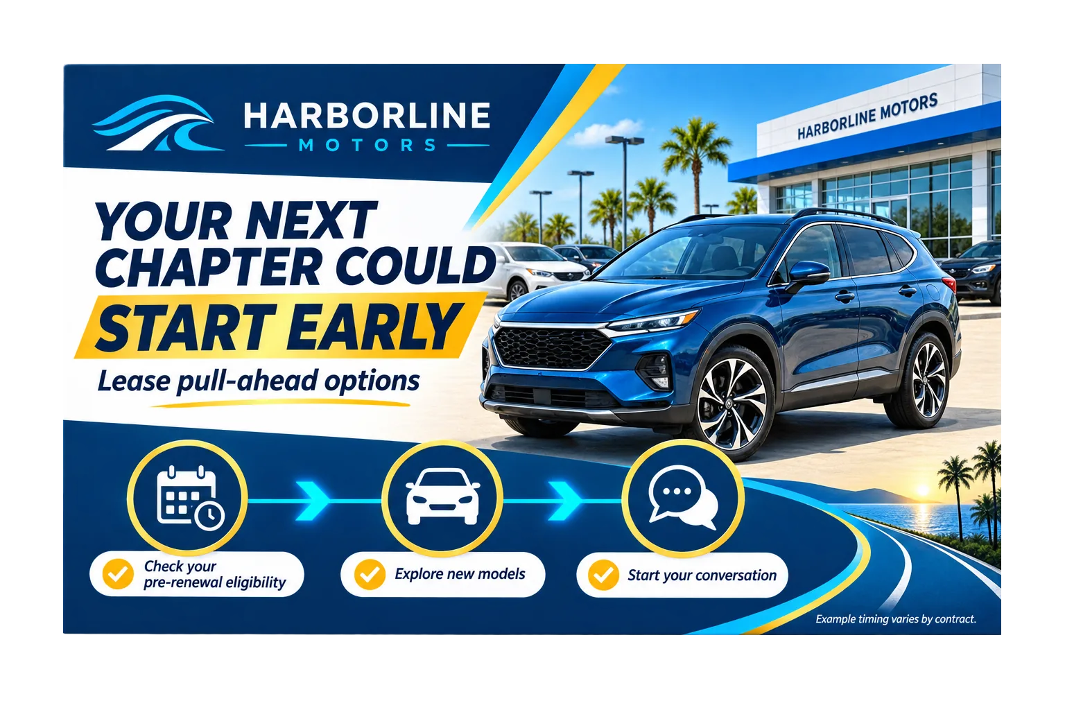 Lease pull-ahead postcard: your next chapter could start early, check your pre-renewal eligibility, explore new models, start your conversation.
