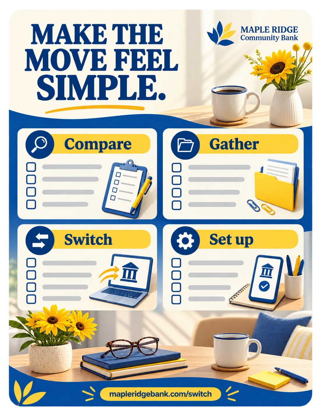 Account-switch checklist: make the move feel simple; compare, gather, switch and set up as four blocks, each with its own tick boxes left blank, and the bank’s own switch page at the foot.