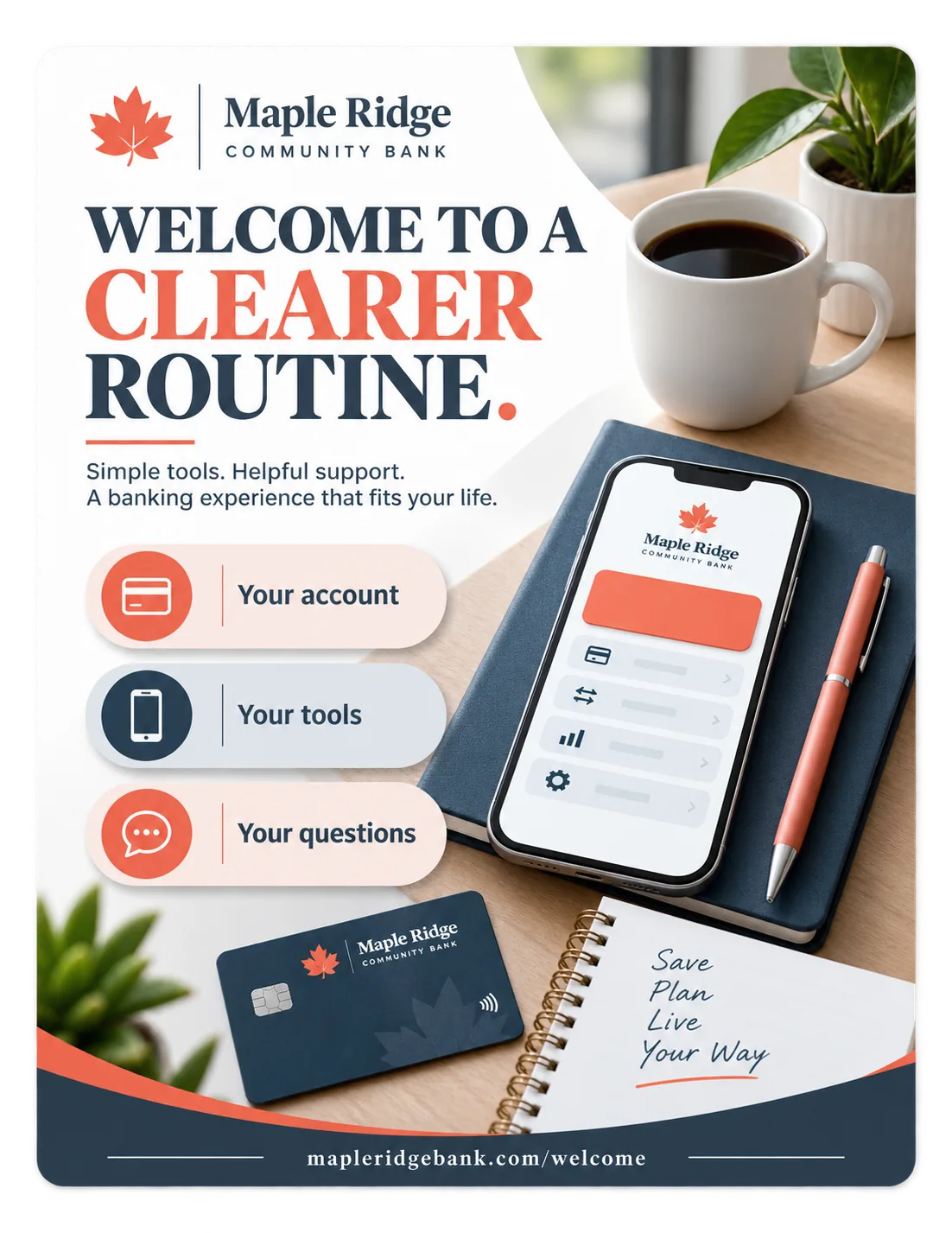New-account welcome kit: welcome to a clearer routine; simple tools, helpful support, a banking experience that fits your life, with your account, your tools and your questions set out as three rows, and the bank’s own welcome page at the foot.