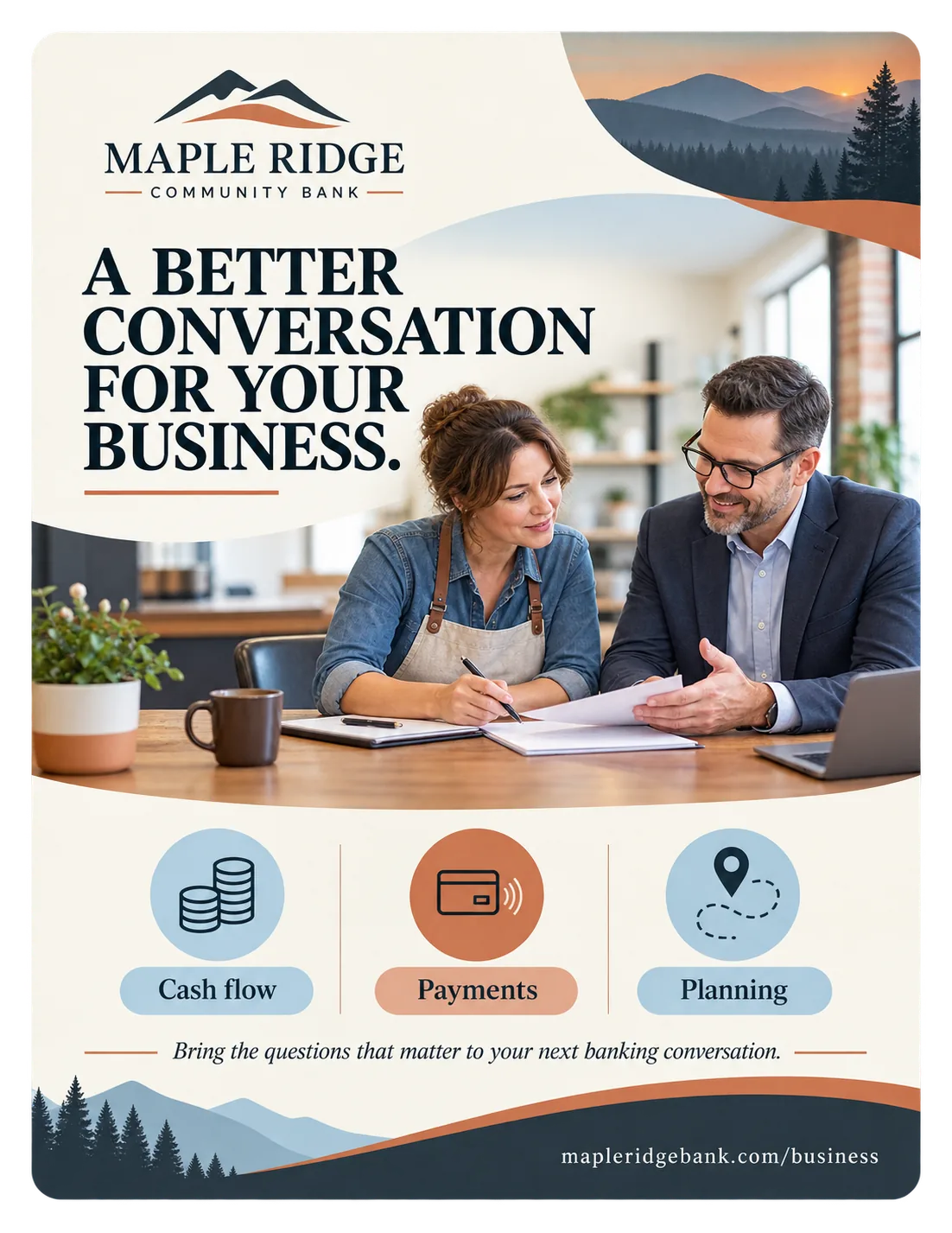 Small-business one-sheet: a better conversation for your business; cash flow, payments and planning across the foot, bring the questions that matter to your next banking conversation, and the bank’s own business page.