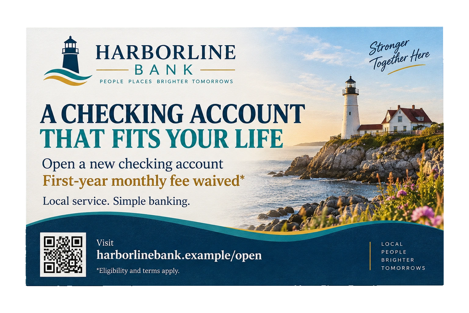 Checking-account acquisition postcard: a checking account that fits your life; open a new checking account, enjoy your first-year monthly fee waived, get started today, with local service, simple banking and an eligibility-and-terms line along the foot.