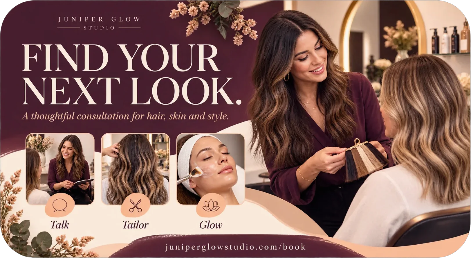 Where the promotion sends people: find your next look, a thoughtful consultation for hair, skin and style, with talk, tailor and glow marked on three views and the salon’s own booking address at the foot.
