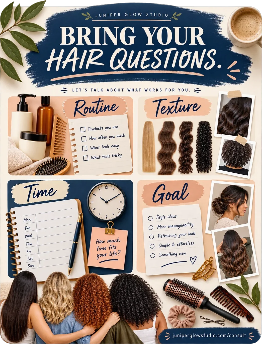 Hair-care consultation guide: bring your hair questions, let’s talk about what works for you, with routine, texture, time and goal as four panels, their tick boxes and their week rows left blank.