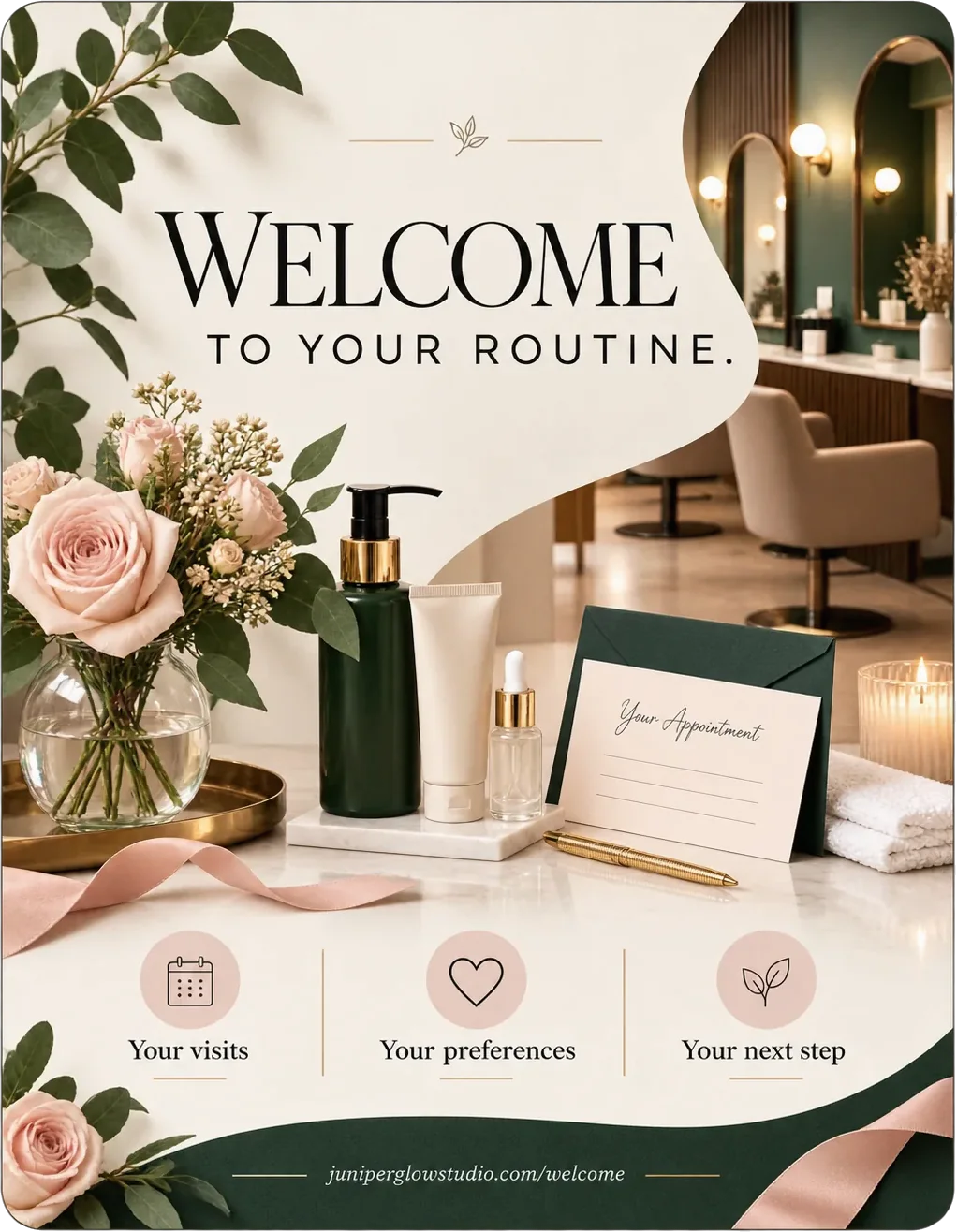 Membership welcome kit: welcome to your routine, with your visits, your preferences and your next step as three marked panels beside an appointment card whose lines are left blank.