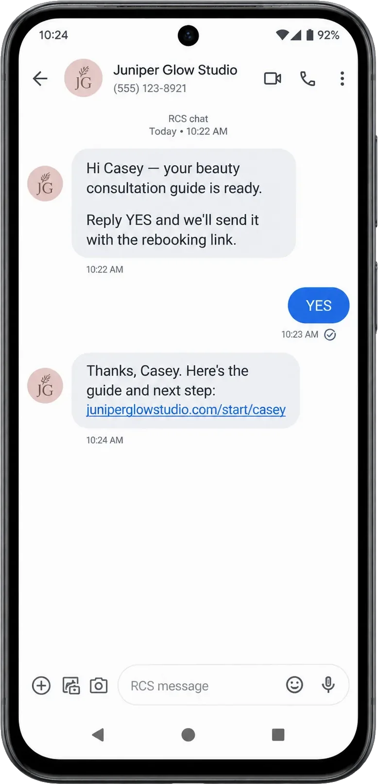 Rebooking follow-up text, addressed from the salon: ready to book your next visit, reply YES and we’ll send the booking link; the YES, then the rebooking link with the salon’s own address.