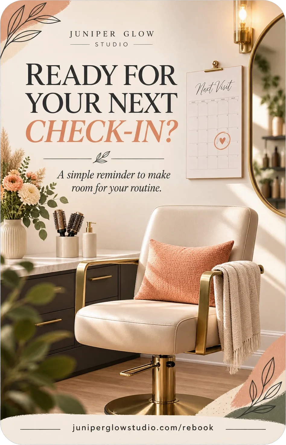 Rebooking postcard: ready for your next check-in, a simple reminder to make room for your routine, with a wall calendar circled for the next visit and the salon’s own rebooking address along the foot.