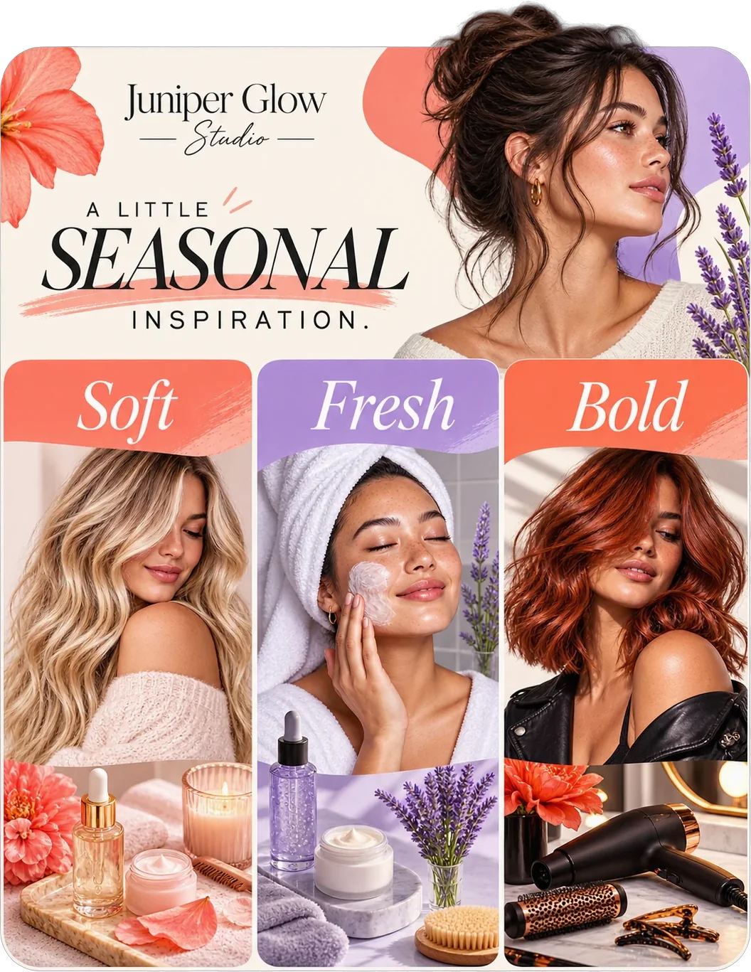 Seasonal lookbook carousel: a little seasonal inspiration, with soft, fresh and bold as three marked panels over hair, skin and care.