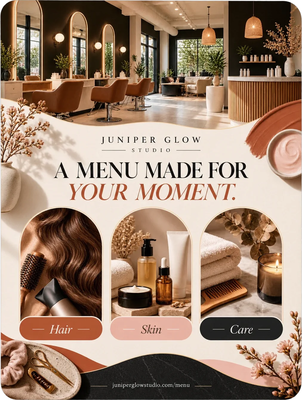 Service-menu brochure: a menu made for your moment, with hair, skin and care as three arched panels over the salon floor, and the salon’s own menu address along the foot.