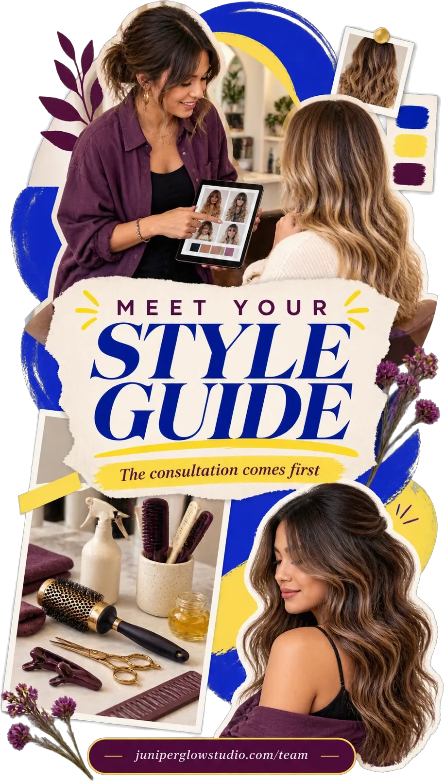 Stylist-profile Reel: meet your style guide, the consultation comes first, a stylist showing a client a set of looks on a tablet, and the salon’s own team address along the foot.