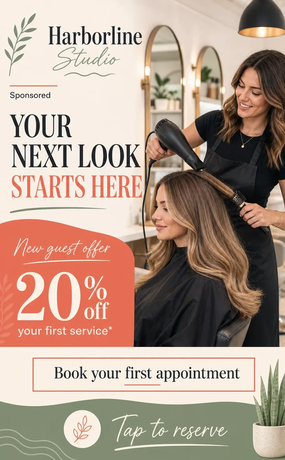 First-booking feed unit: your next look starts here, a new guest offer of a percentage off a first service, book your first appointment, and tap to reserve.