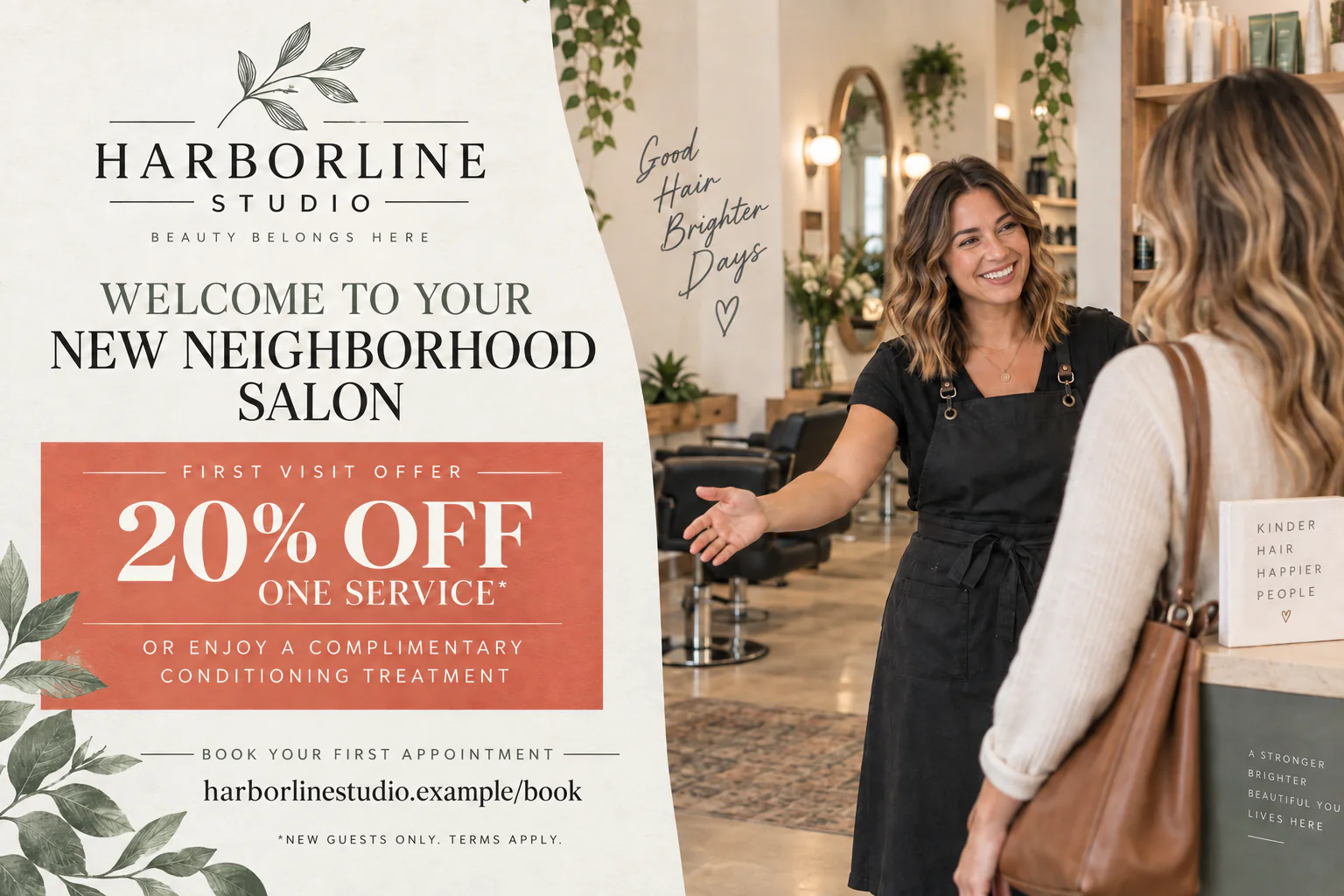 First-visit offer postcard: welcome to your new neighborhood salon, the first-visit offer set out as one choice — a percentage off one service or a complimentary conditioning treatment — book your first appointment, and new guests only, terms apply at the foot.
