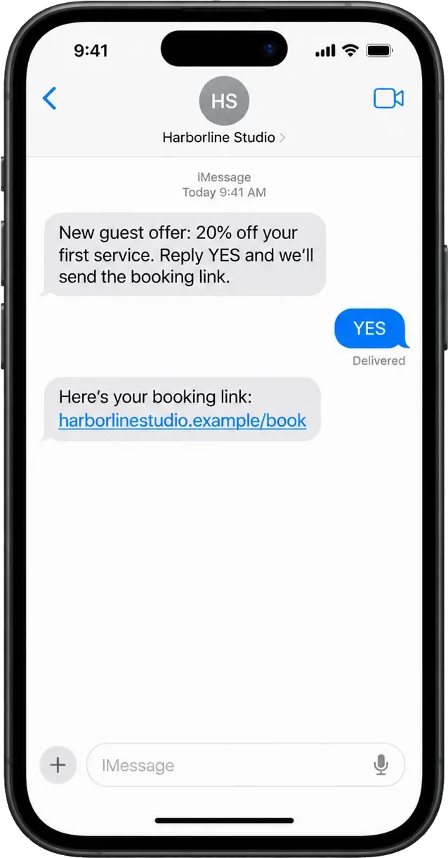 New-guest offer text, addressed from the salon: a new guest offer of a percentage off a first service, reply YES and we’ll send the booking link; the YES, then here’s your booking link with the salon’s own address.