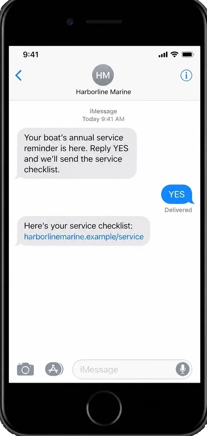 Annual-service reminder text, addressed from the dealer: your boat’s annual service reminder is here, reply YES and we’ll send the service checklist; the YES, then here’s your service checklist with the dealer’s own link.