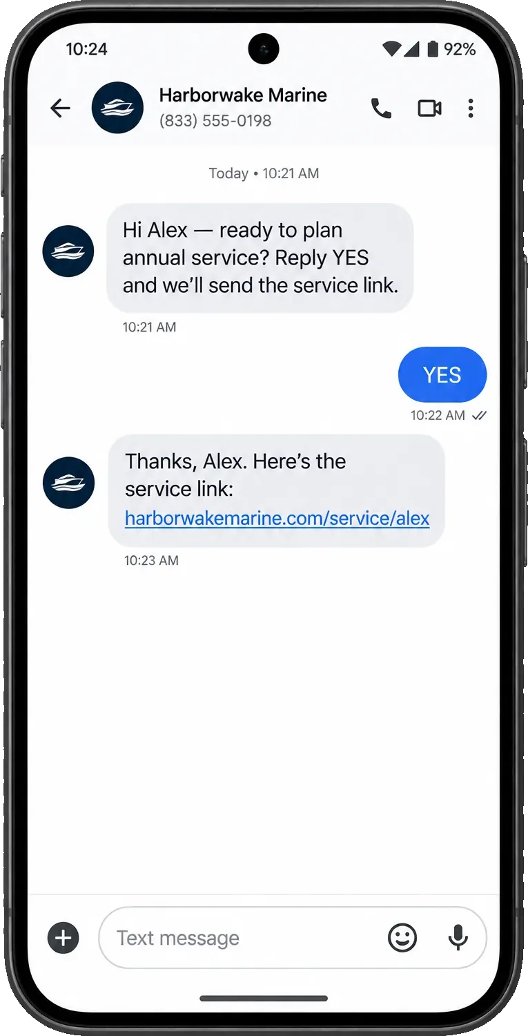 Annual-service follow-up text, addressed by first name: ready to plan annual service, reply YES and we’ll send the service link; the YES, then the service link written for that owner.