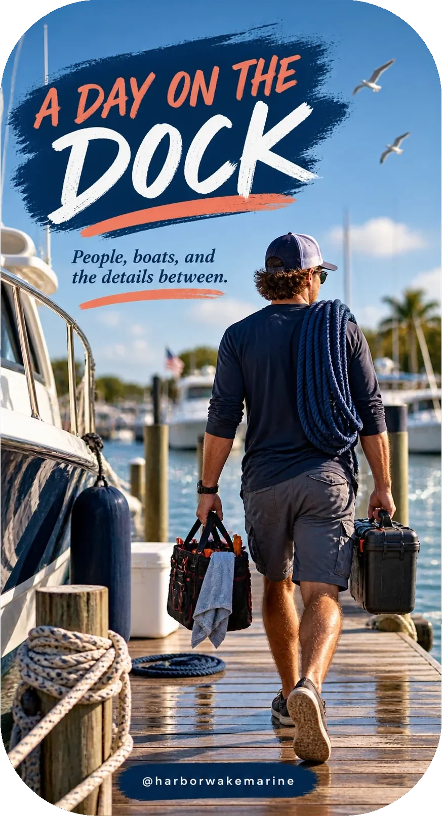 Day-on-the-dock Reel: a day on the dock, people, boats and the details between, a technician walking the dock with a coil of line and two tool cases, and the dealer’s own handle at the foot.