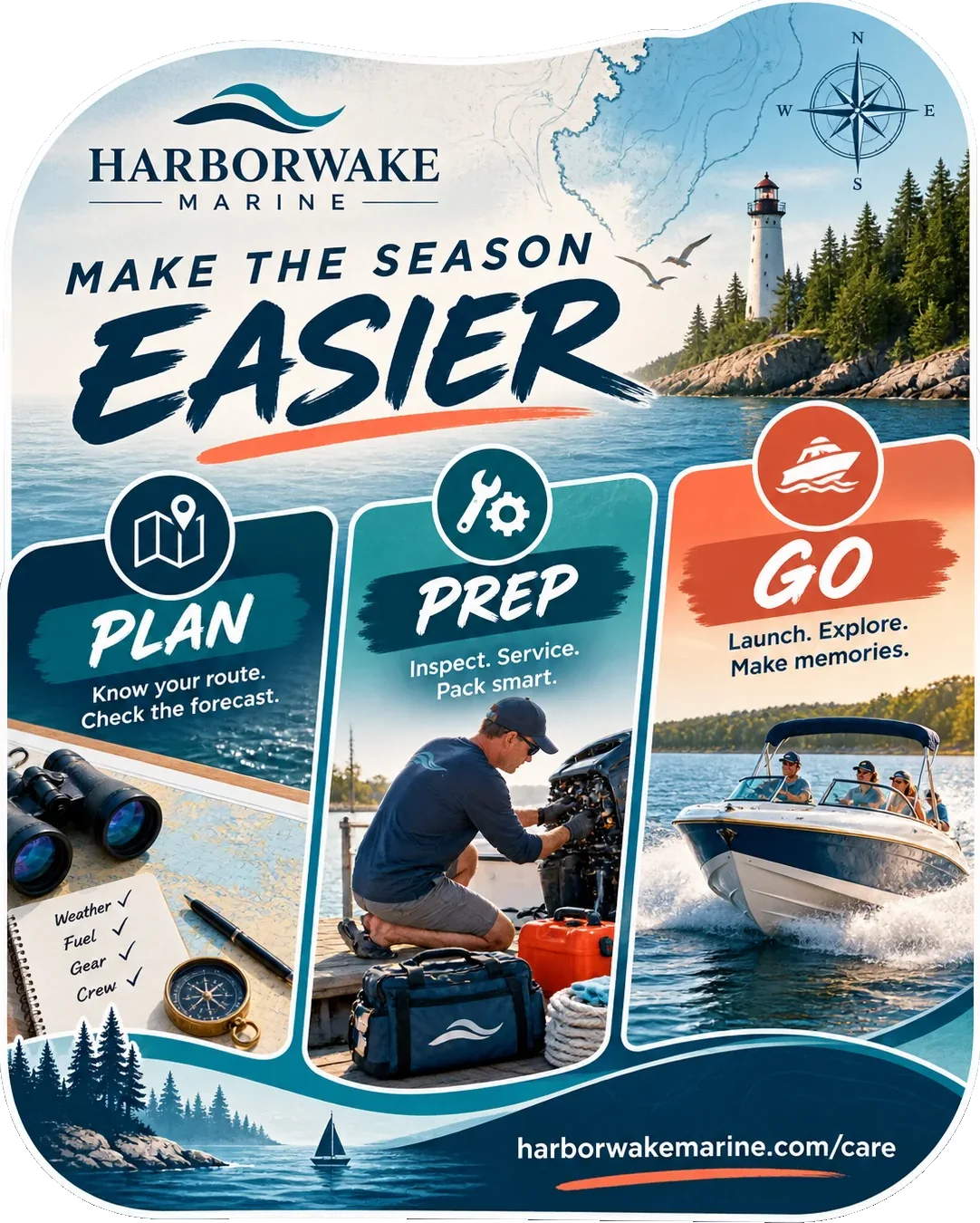 Owner-care carousel: make the season easier, with plan, prep and go as three marked panels — know your route and check the forecast; inspect, service and pack smart; launch, explore and make memories.