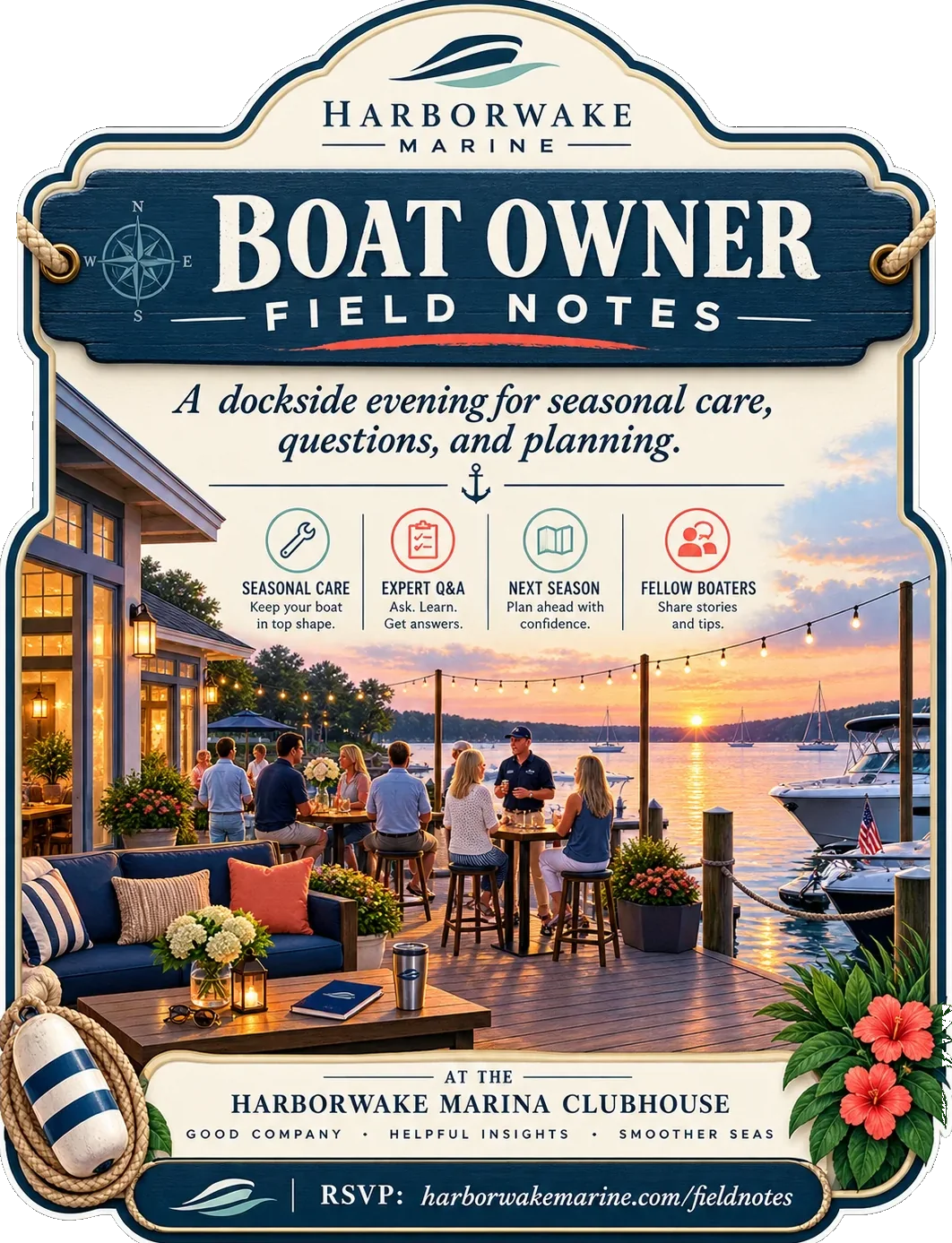 Owner-education event kit: boat owner field notes, a dockside evening for seasonal care, questions and planning, with seasonal care, expert Q and A, next season and fellow boaters as four marked panels above the dealer’s own RSVP address.