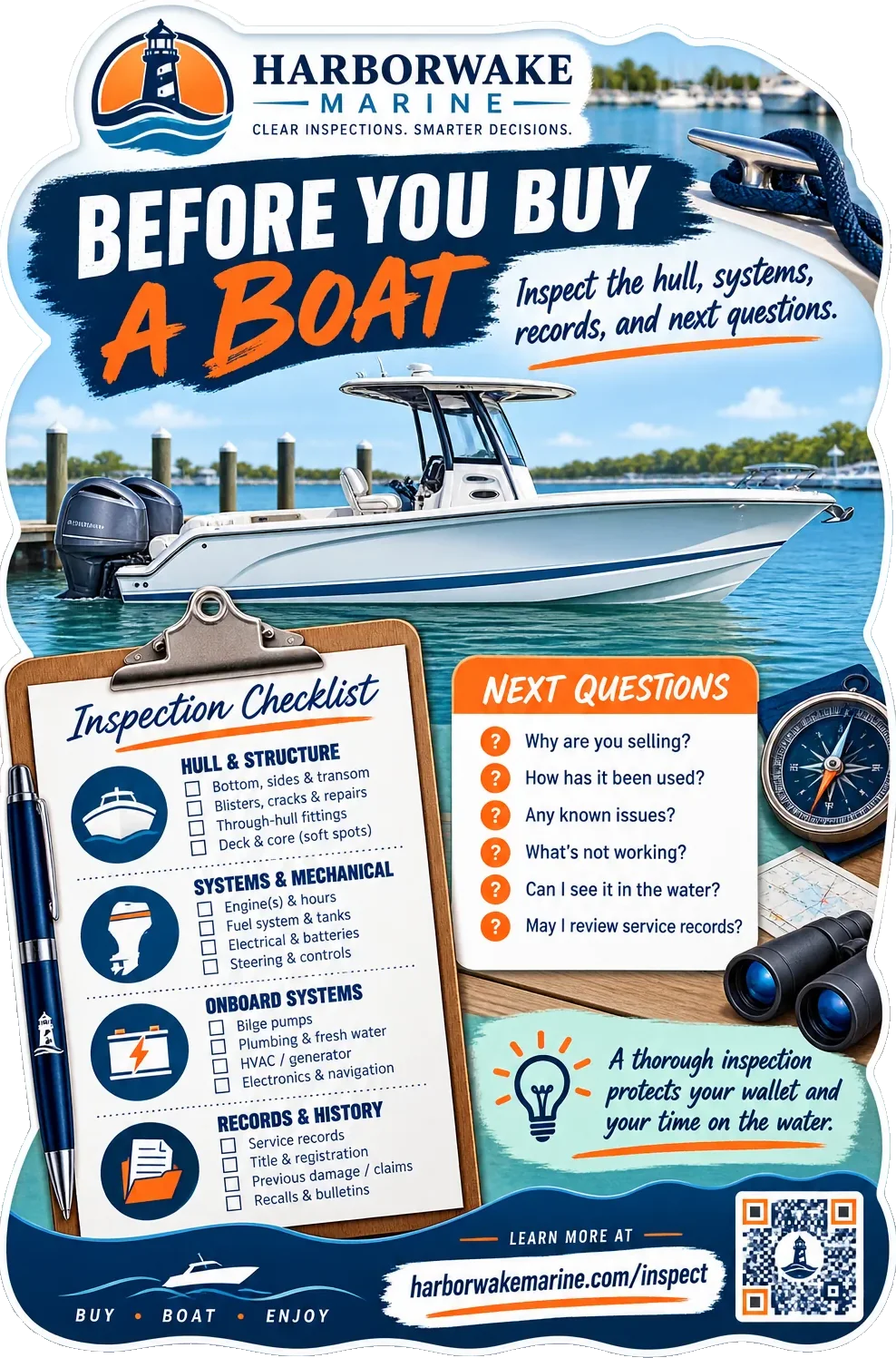 Pre-purchase inspection guide: before you buy a boat, inspect the hull, systems, records and next questions, with hull and structure, systems and mechanical, onboard systems and records and history as four ticked columns and six next questions beside them.