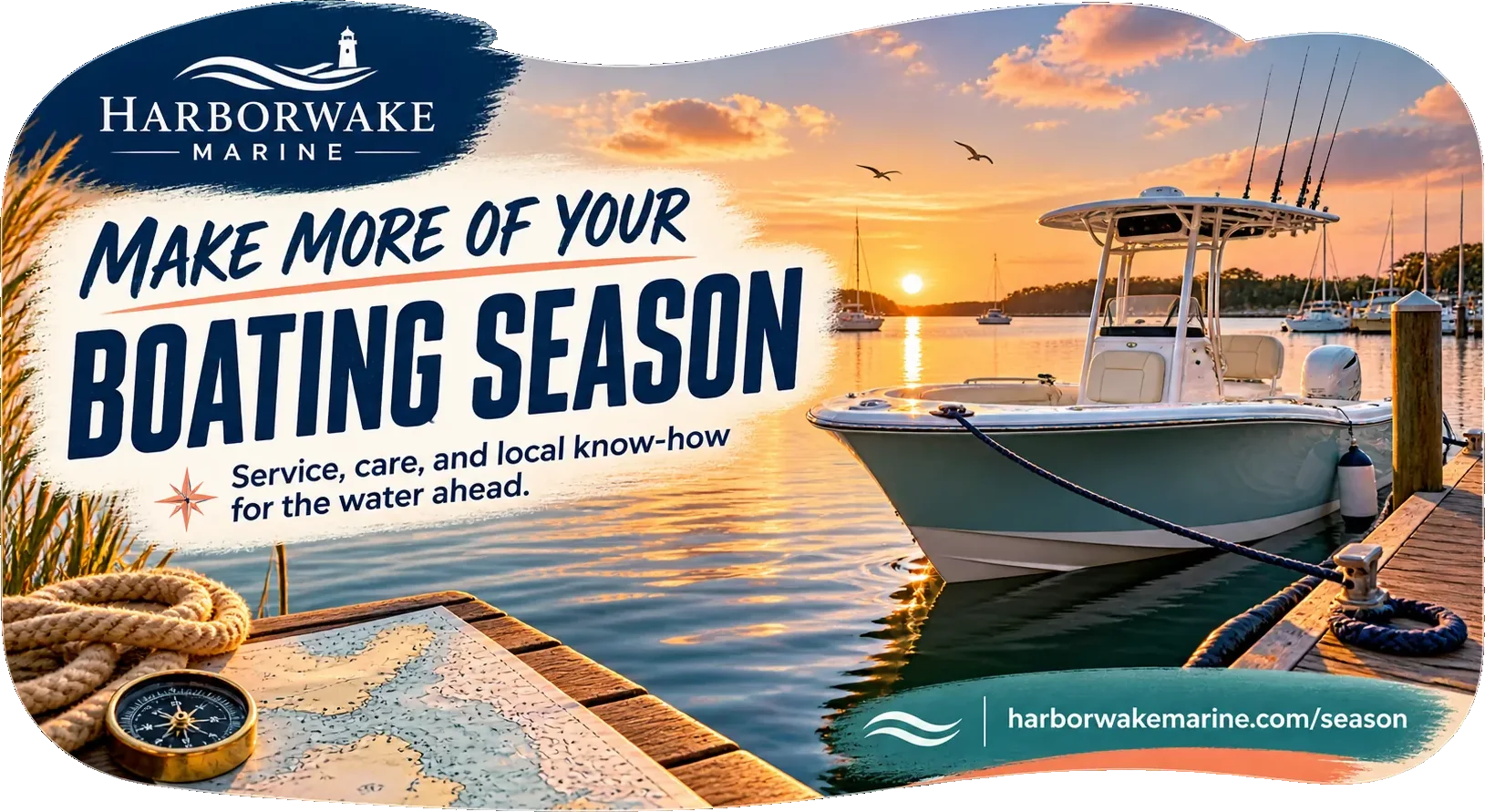 Where the campaign sends people: make more of your boating season, service, care and local know-how for the water ahead, with the dealer’s own season address along the foot.