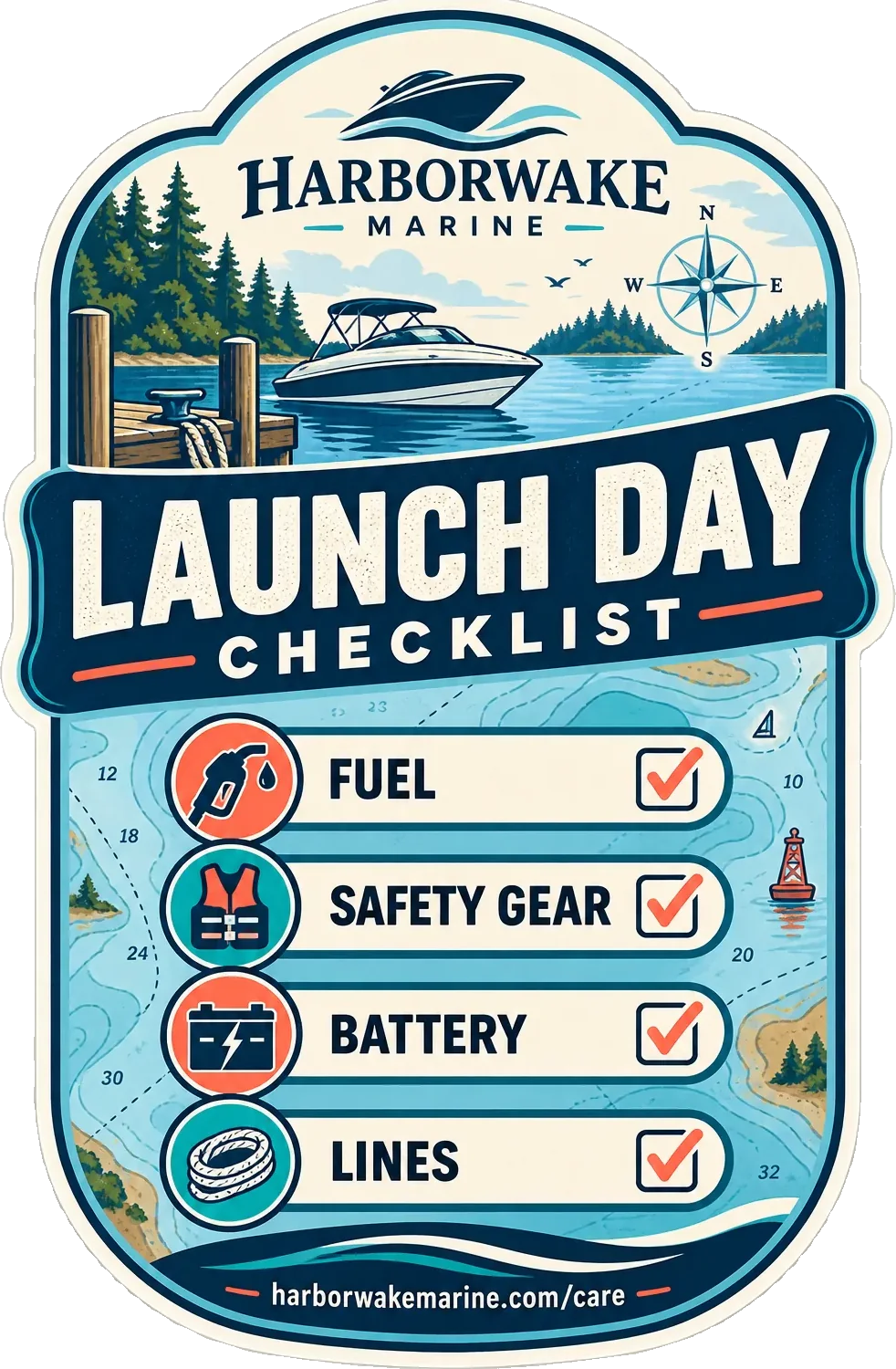 Launch-day checklist magnet: fuel, safety gear, battery and lines as four ticked rows over a chart, with the dealer’s own care address along the foot.