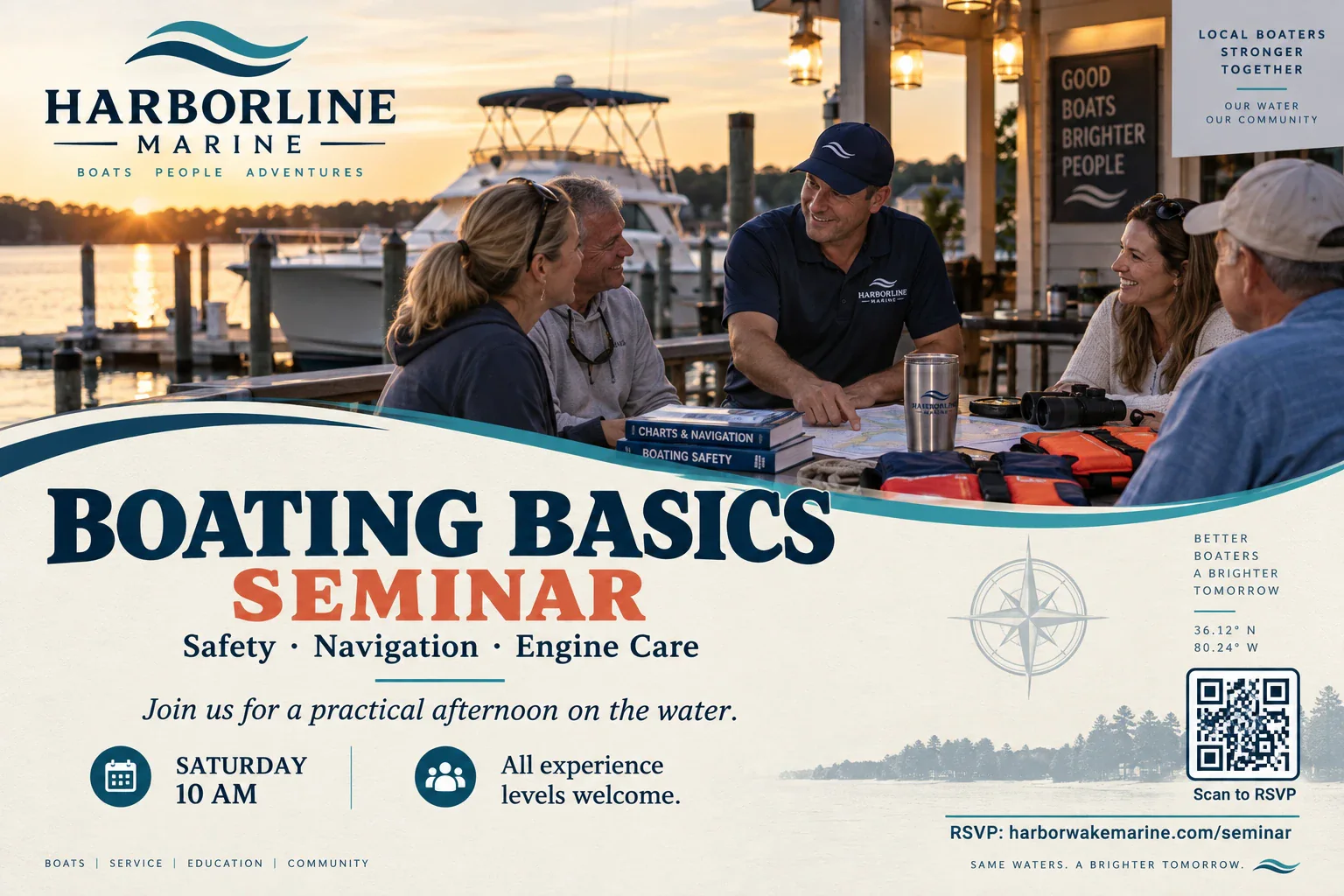 Seminar invitation: a boating basics seminar on safety, navigation and engine care, join us for a practical afternoon on the water, reserve your seat, and all experience levels welcome along the foot.