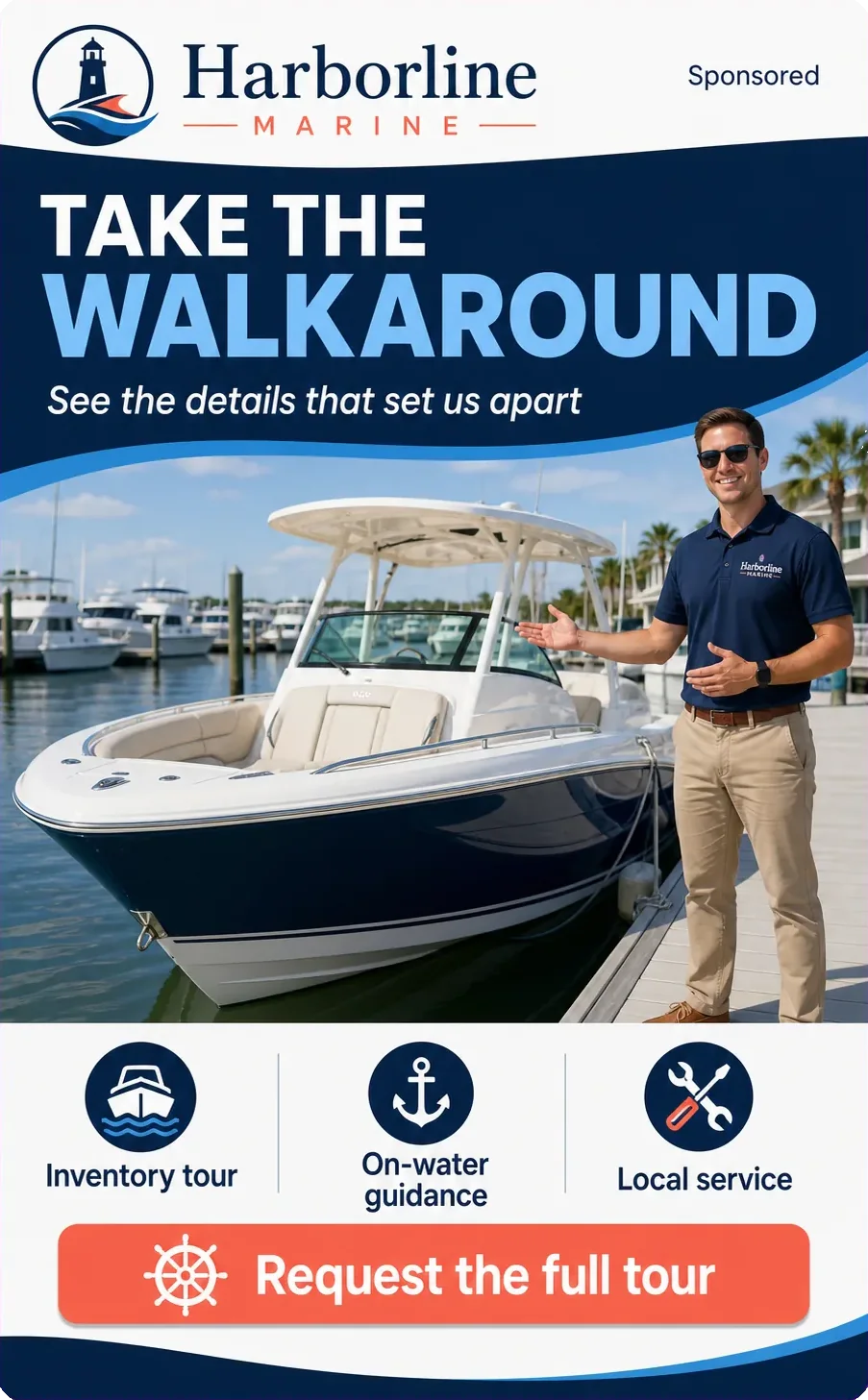 Walkaround feed unit: take the walkaround, see the details that set us apart, with inventory tour, on-water guidance and local service as three marked panels, and request the full tour.