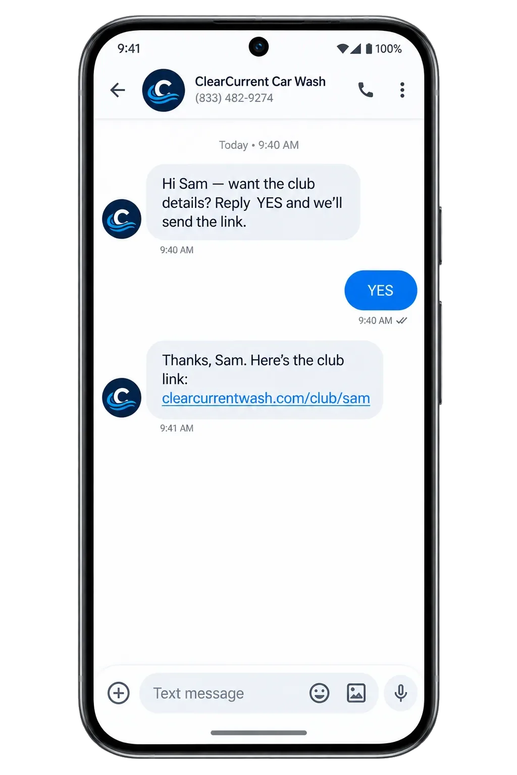 Membership enrollment text, addressed by first name: want the club details, reply YES, then the club link.