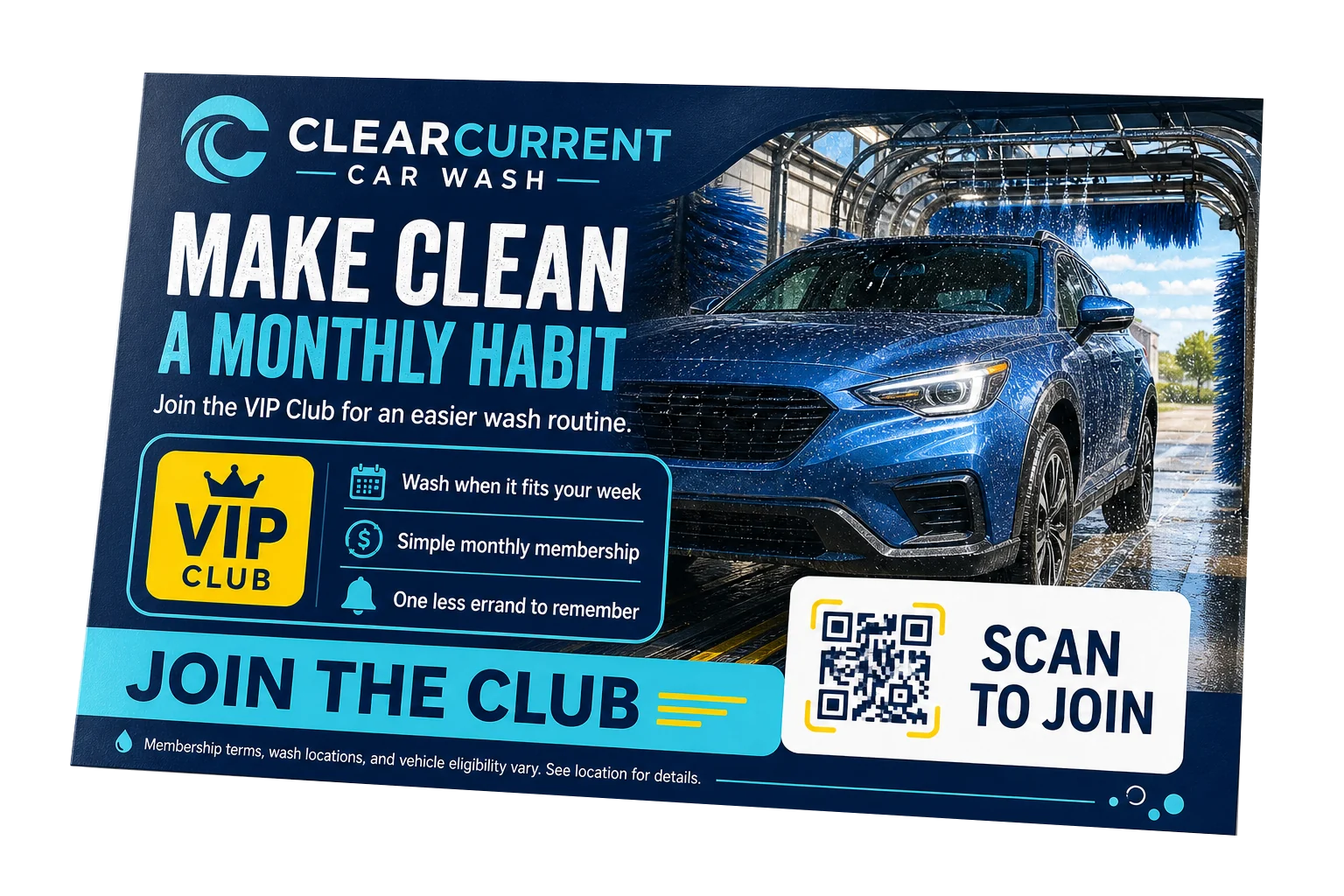 VIP-club acquisition postcard: make clean a monthly habit, join the VIP Club for an easier wash routine; wash when it fits your week, simple monthly membership, one less errand to remember; join the club, scan to join.