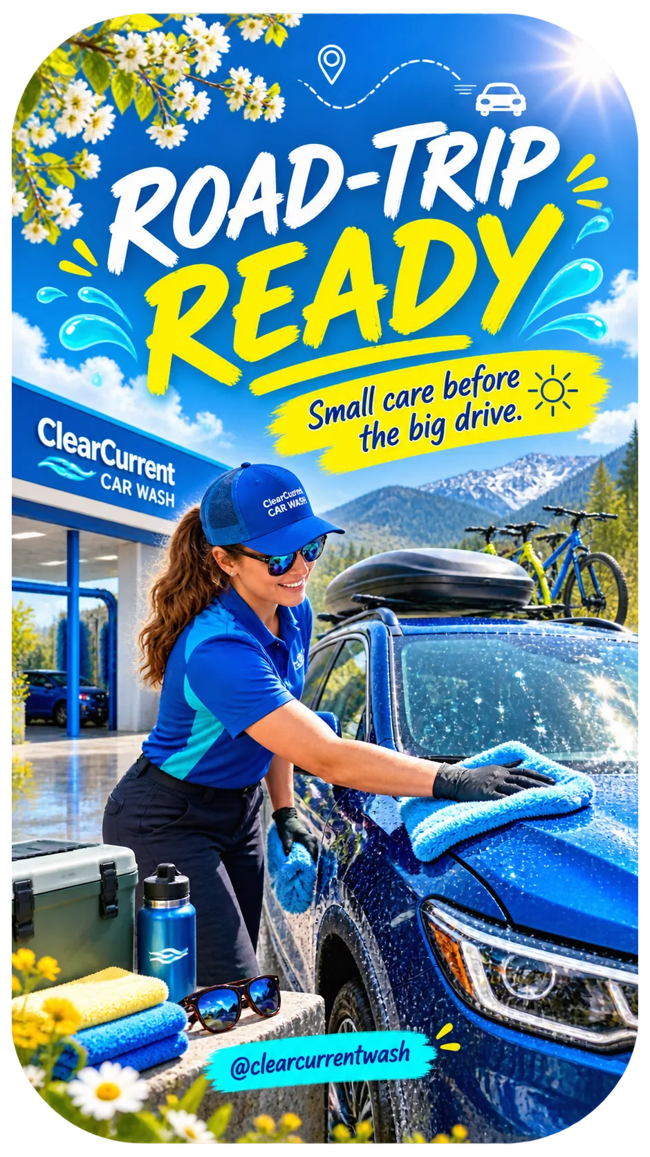 Seasonal vehicle-care Reel: road-trip ready, small care before the big drive, the wash’s own handle.