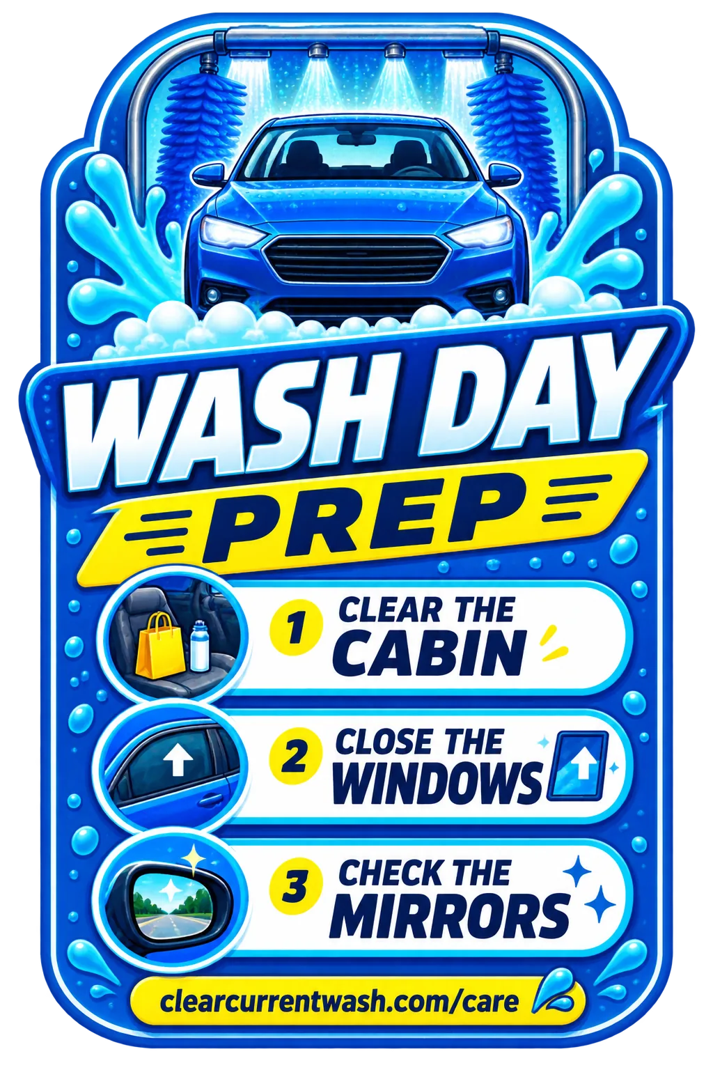 Wash-day prep magnet: clear the cabin, close the windows, check the mirrors, and the care page’s address.