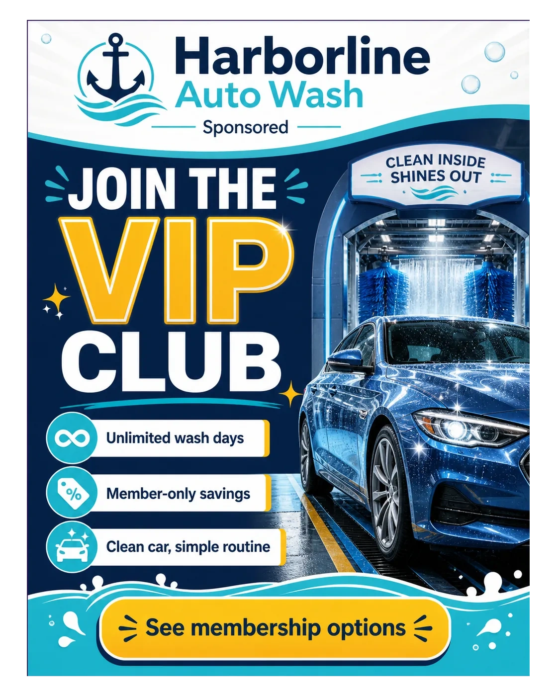 VIP-club feed unit: join the VIP club, unlimited wash days, member-only savings, clean car, simple routine, see membership options.