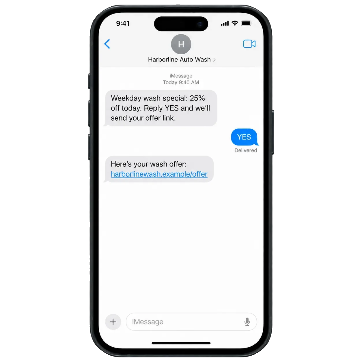 Weekday wash special text: the percentage-off wash for that day, reply YES, then the offer link.