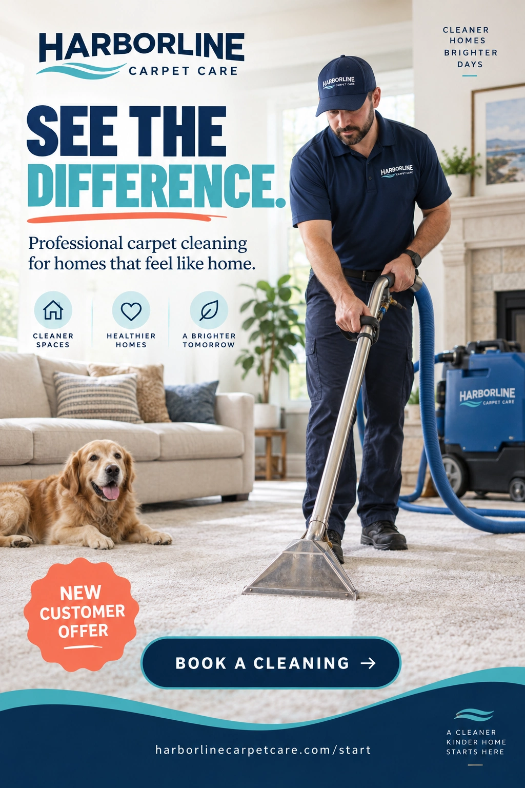 Feed unit: see the difference; professional carpet cleaning for the rooms you live in; a new-customer offer tag; deep cleans, removes dirt and pets, fresher feel, healthier home; request your free cleaning estimate; book your refresh.