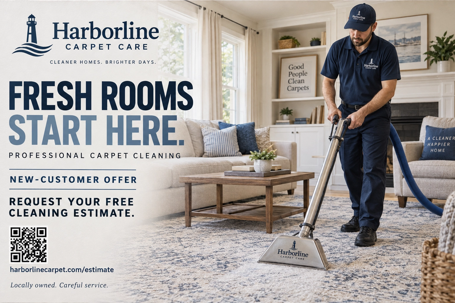 Offer postcard: fresh rooms start here; professional carpet cleaning, refresh the rooms your family uses most; a new-customer offer banner; request your free cleaning estimate; the technician working the wand across a living-room rug; locally owned, careful service.